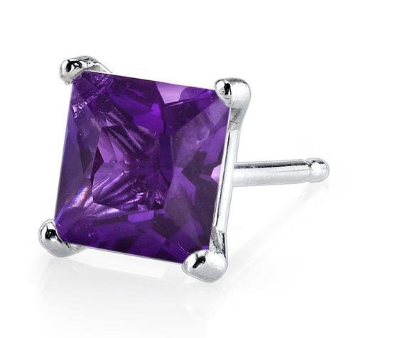 Image 3 of Purple Amethyst Princess Cut Stud 14K White Gold Earrings