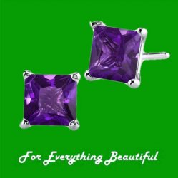 Purple Amethyst Princess Cut Stud 14K White Gold Earrings
