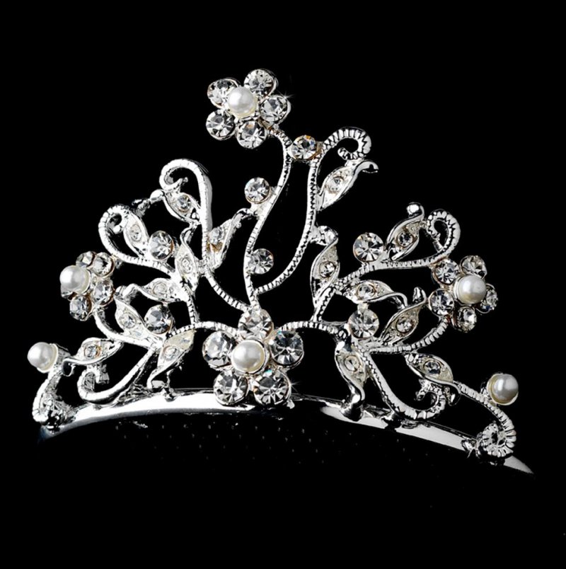 Image 0 of Alaine Silver Rhinestone Pearl Flowergirl Child Headpiece Tiara