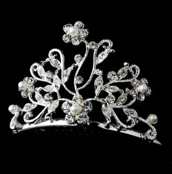 Alaine Silver Rhinestone Pearl Flowergirl Child Headpiece Tiara