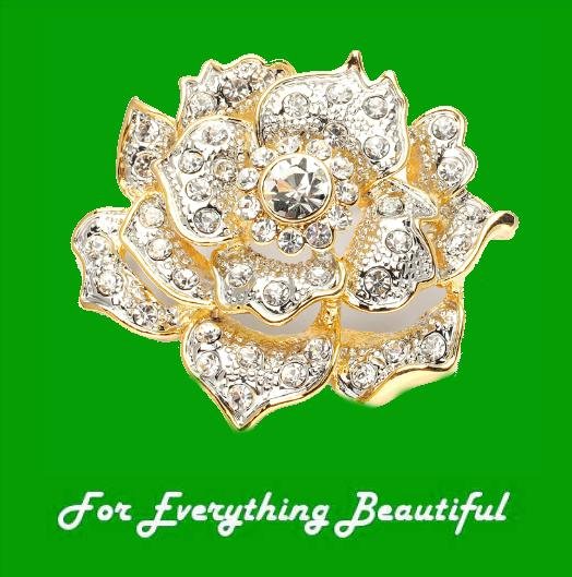 Image 0 of Sculptured Crystal Pave Rose Floral Two Tone Gold Plated Brooch