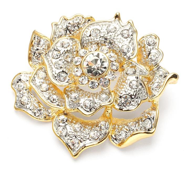 Image 1 of Sculptured Crystal Pave Rose Floral Two Tone Gold Plated Brooch