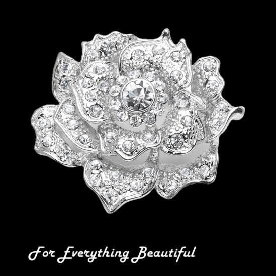 Image 0 of Sculptured Crystal Pave Rose Floral Silver Plated Brooch