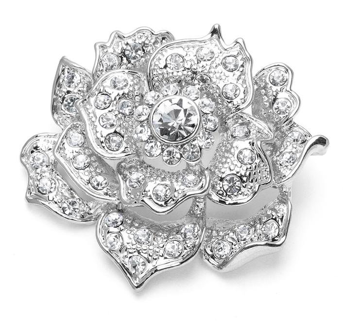 Image 1 of Sculptured Crystal Pave Rose Floral Silver Plated Brooch