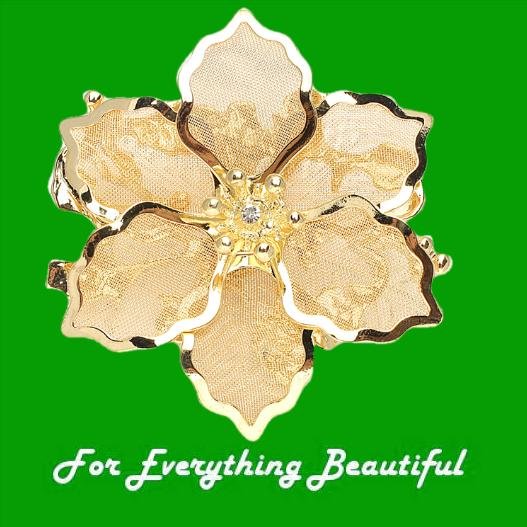 Image 0 of Golden Metallic Mesh Crystal Accent Floral Gold Plated Brooch