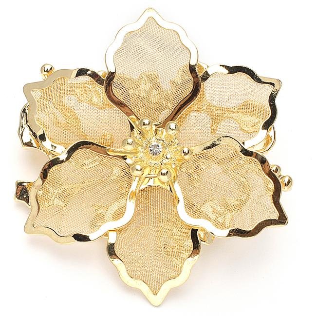 Image 1 of Golden Metallic Mesh Crystal Accent Floral Gold Plated Brooch