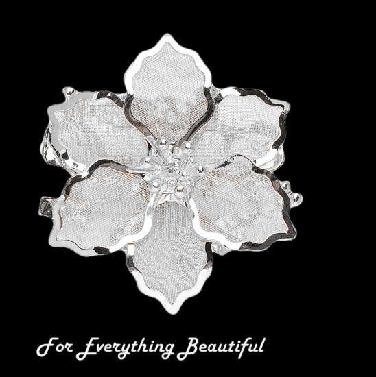 Image 0 of Silver Metallic Mesh Crystal Accent Floral Silver Plated Brooch