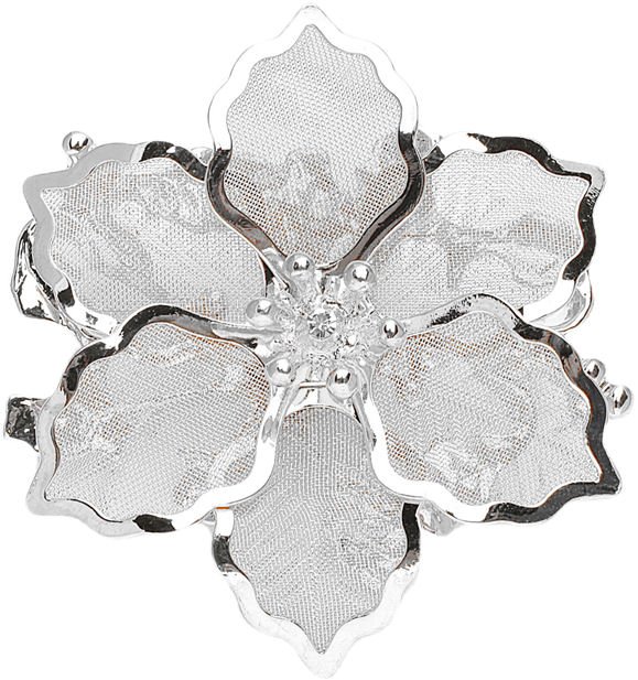 Image 1 of Silver Metallic Mesh Crystal Accent Floral Silver Plated Brooch