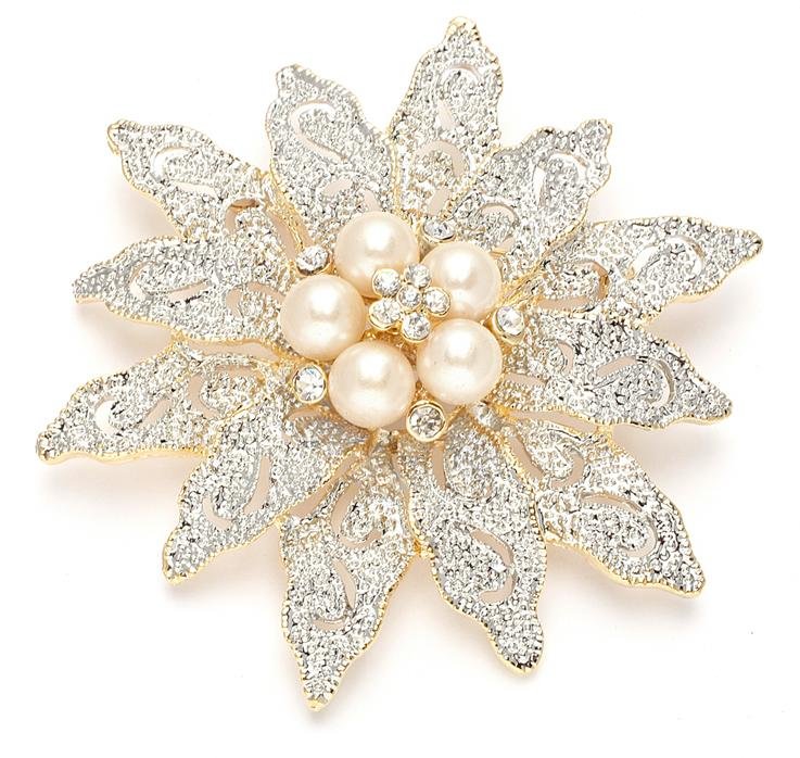 Image 1 of Etched Ivory Pearl Crystal Floral Two Tone Gold Plated Brooch