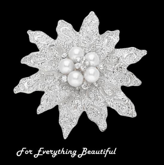 Image 0 of Etched White Pearl Crystal Floral Silver Plated Brooch