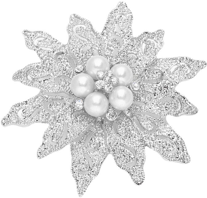 Image 1 of Etched White Pearl Crystal Floral Silver Plated Brooch