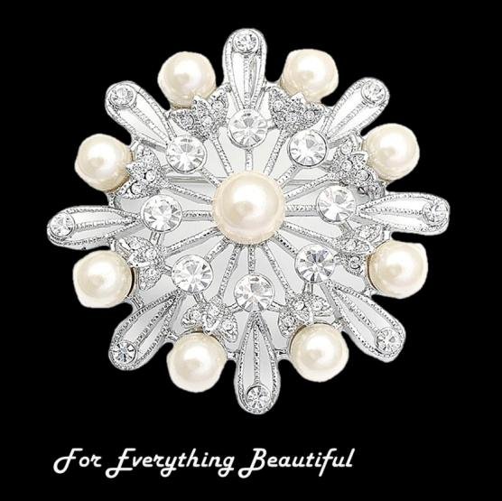 Image 0 of Starburst Ivory Pearl Crystal Floral Pinwheel Silver Plated Brooch