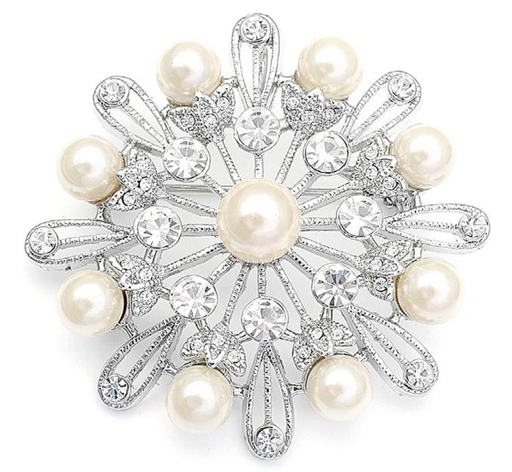 Image 1 of Starburst Ivory Pearl Crystal Floral Pinwheel Silver Plated Brooch