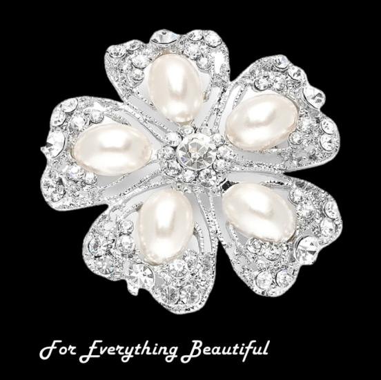 Image 0 of Five Petal Ivory Oval Pearl Crystal Floral Silver Plated Brooch