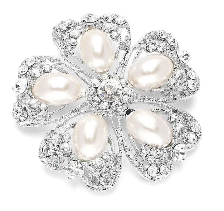 Image 1 of Five Petal Ivory Oval Pearl Crystal Floral Silver Plated Brooch
