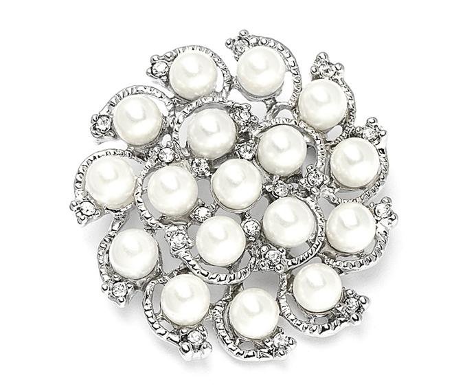Image 1 of Swirling White Pearl Cluster Crystal Pinwheel Silver Plated Brooch