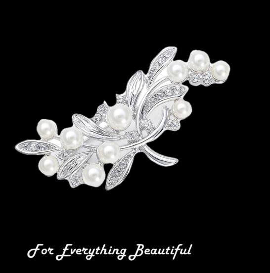 Image 0 of Silver White Pearl Sprig Branch Cubic Zirconia Silver Plated Brooch
