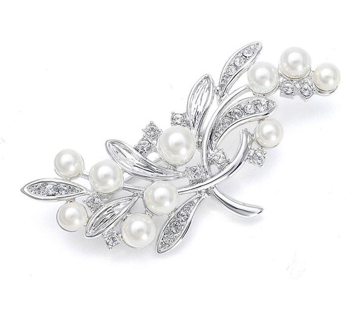 Image 1 of Silver White Pearl Sprig Branch Cubic Zirconia Silver Plated Brooch