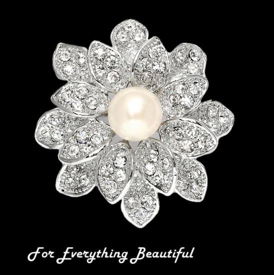 Image 0 of Layered Petal Ivory Pearl Crystal Floral Silver Plated Brooch