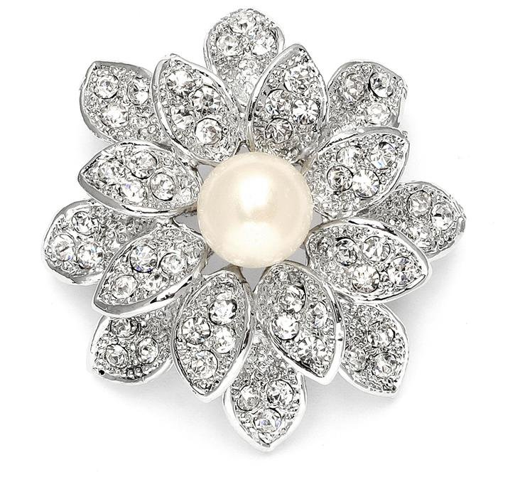 Image 1 of Layered Petal Ivory Pearl Crystal Floral Silver Plated Brooch