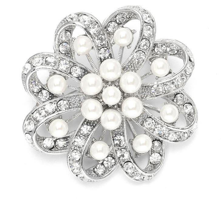 Image 1 of Spiral Ivory Pearl Crystal Looped Ribbon Silver Plated Brooch