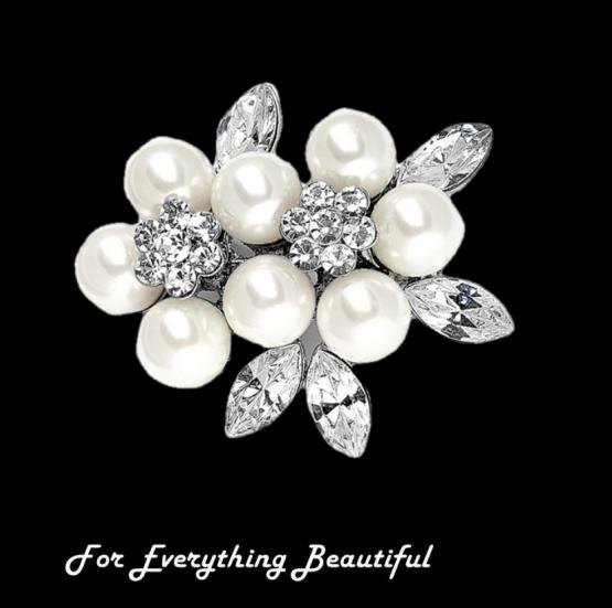 Image 0 of Soft Creme Pearl Marquis Crystal Leaves Silver Plated Brooch
