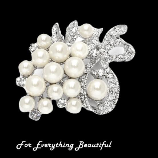 Image 0 of Soft Creme Pearl Bouquet Crystal Ribbon Bow Silver Plated Brooch