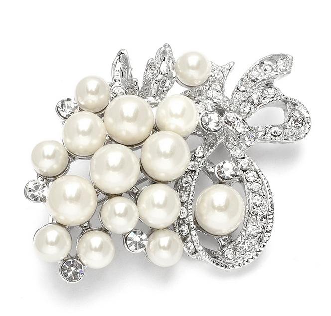 Image 1 of Soft Creme Pearl Bouquet Crystal Ribbon Bow Silver Plated Brooch