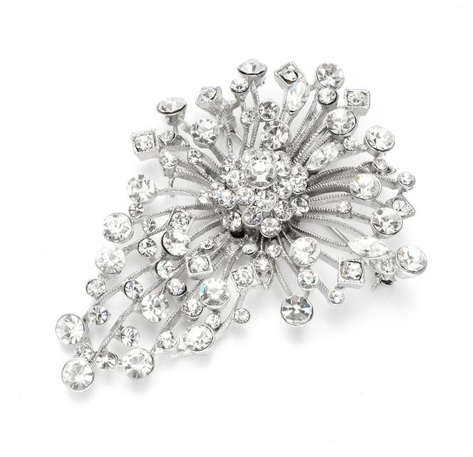 Image 1 of Cascading Silver Crystal Sprays Silver Plated Brooch 