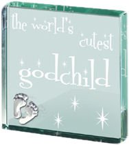 Image 1 of Worlds Cutest Godchild Themed Glass Pewter Motif Square Paper Weight Souvenir