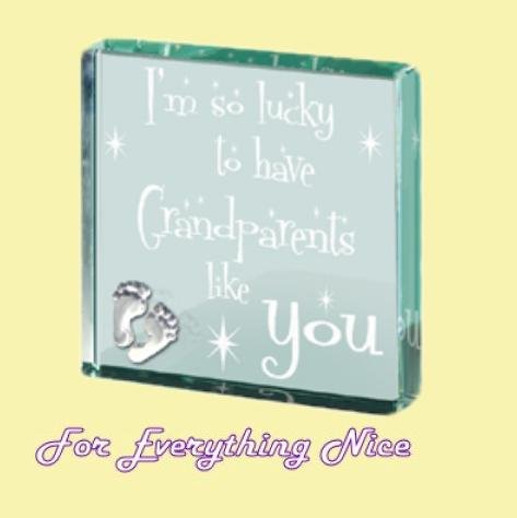 Image 0 of Grandparents Themed Glass Pewter Motif Square Paper Weight Souvenir