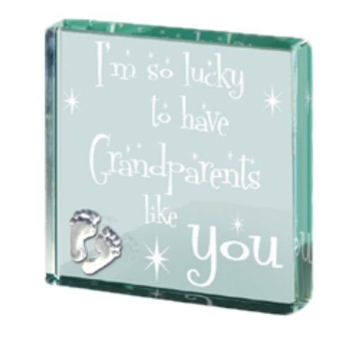 Image 1 of Grandparents Themed Glass Pewter Motif Square Paper Weight Souvenir