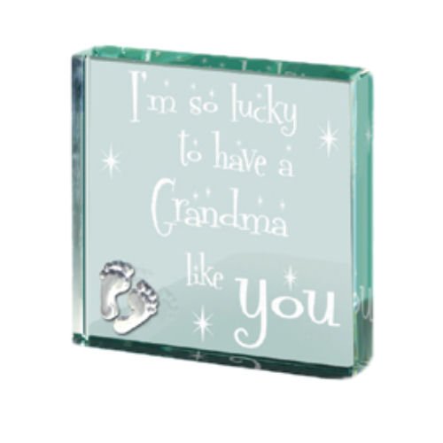Image 1 of Grandma Themed Glass Pewter Motif Square Paper Weight Souvenir