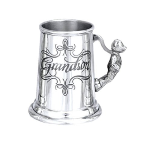 Image 1 of Grandson Themed Teddy Bear Handle Stylish Pewter Childs Keepsake Cup