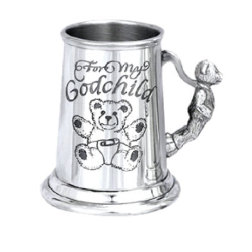 Image 1 of Godchild Themed Teddy Bear Handle Stylish Pewter Childs Keepsake Cup