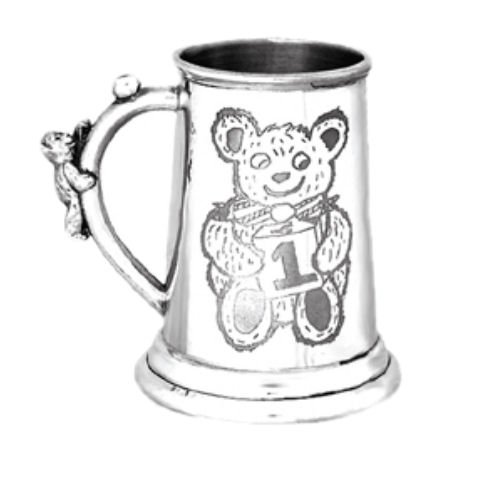 Image 1 of Building Blocks Themed Teddy Bear Handle Stylish Pewter Childs Keepsake Cup