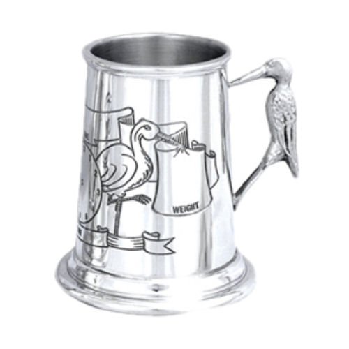 Image 1 of Baby Data Themed Stork Handle Stylish Pewter Childs Keepsake Cup