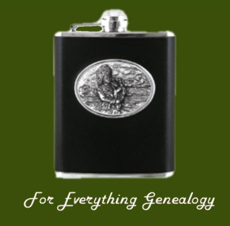 Image 0 of Leather Bound Black 6oz Scottish Bagpiper Pewter Motif Flask