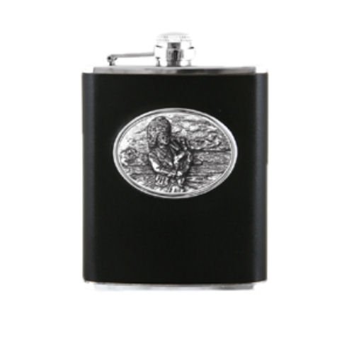 Image 1 of Leather Bound Black 6oz Scottish Bagpiper Pewter Motif Flask