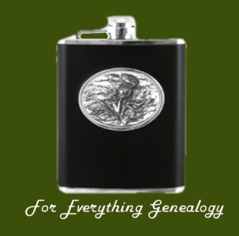 Image 0 of Leather Bound Black 6oz Scottish Thistle Pewter Motif Flask