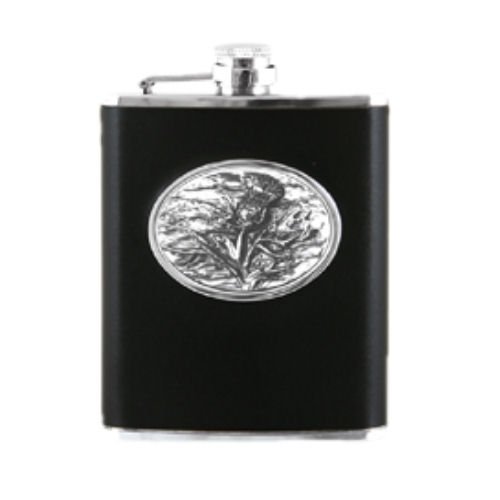 Image 1 of Leather Bound Black 6oz Scottish Thistle Pewter Motif Flask