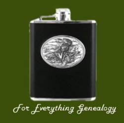 Leather Bound Black 6oz Scottish Thistle Pewter Motif Flask