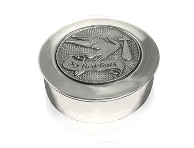 Image 1 of Stork My First Tooth Motif Round Child Stylish Pewter Keepsake Box