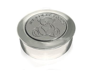 Image 1 of Teddy Bear My First Tooth Motif Round Child Stylish Pewter Keepsake Box