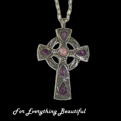 Image 0 of Celtic Cross Amethyst Fire Opal Stones Antiqued Pewter Pendant