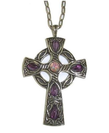 Image 1 of Celtic Cross Amethyst Fire Opal Stones Antiqued Pewter Pendant