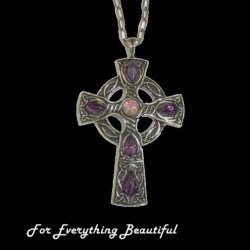 Celtic Cross Amethyst Fire Opal Stones Antiqued Pewter Pendant