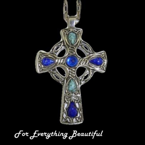 Image 0 of Celtic Cross Lapis Lazuli Turquoise Stones Antique Pewter Pendant