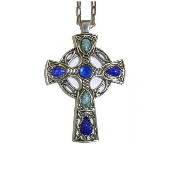 Image 1 of Celtic Cross Lapis Lazuli Turquoise Stones Antique Pewter Pendant