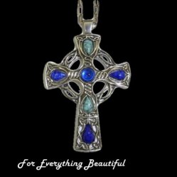 Celtic Cross Lapis Lazuli Turquoise Stones Antique Pewter Pendant